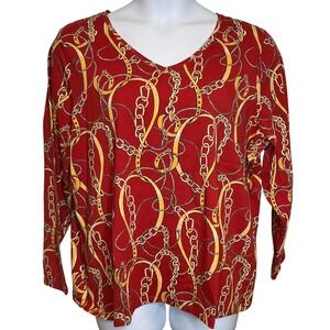 Talbots Red Equestrian Chain Print Top Sz 3X Petite Old Money Gentry Stretchy